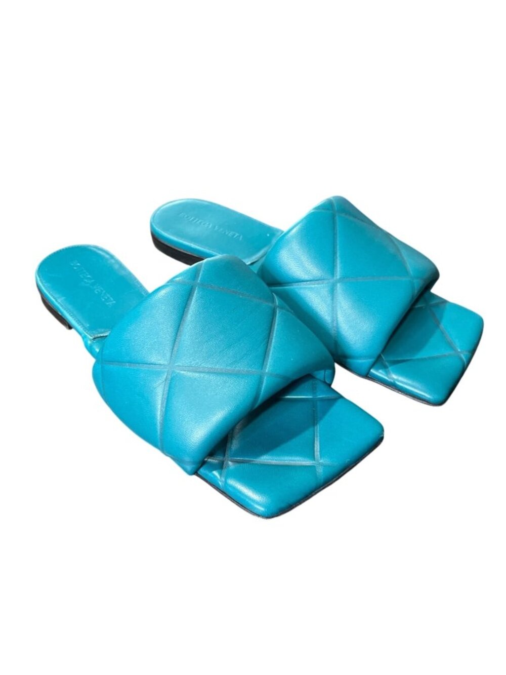 Bottega Veneta Size 37 / US 7 Rubber Lido Sandals Teal Quilted Leather Lambskin